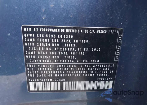 2020 Volkswagen Tiguan 2.0T Se/2.0T Se R-Line Black/2.0T Sel z USA, uszkodzony, nr VIN 3VV2B7AX9LM077430